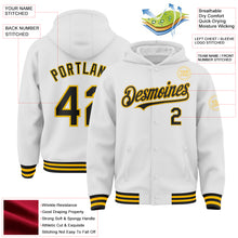 Загрузить изображение в средство просмотра галереи, Custom White Black-Gold Bomber Full-Snap Varsity Letterman Hoodie Jacket
