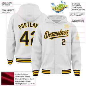 Custom White Black-Gold Bomber Full-Snap Varsity Letterman Hoodie Jacket