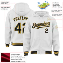 Загрузить изображение в средство просмотра галереи, Custom White Black-Old Gold Bomber Full-Snap Varsity Letterman Hoodie Jacket
