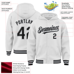 Custom White Black-Gray Bomber Full-Snap Varsity Letterman Hoodie Jacket