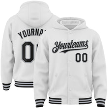 Загрузить изображение в средство просмотра галереи, Custom White Black-Gray Bomber Full-Snap Varsity Letterman Hoodie Jacket
