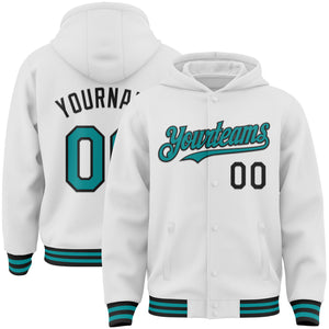 Custom White Teal-Black Bomber Full-Snap Varsity Letterman Hoodie Jacket