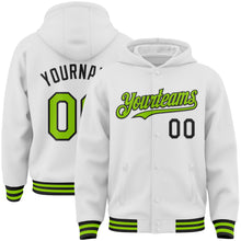 Charger l&#39;image dans la galerie, Custom White Neon Green-Black Bomber Full-Snap Varsity Letterman Hoodie Jacket
