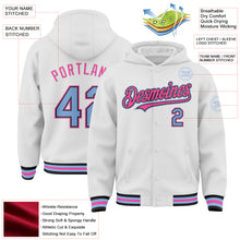 Загрузить изображение в средство просмотра галереи, Custom White Light Blue Black-Pink Bomber Full-Snap Varsity Letterman Hoodie Jacket
