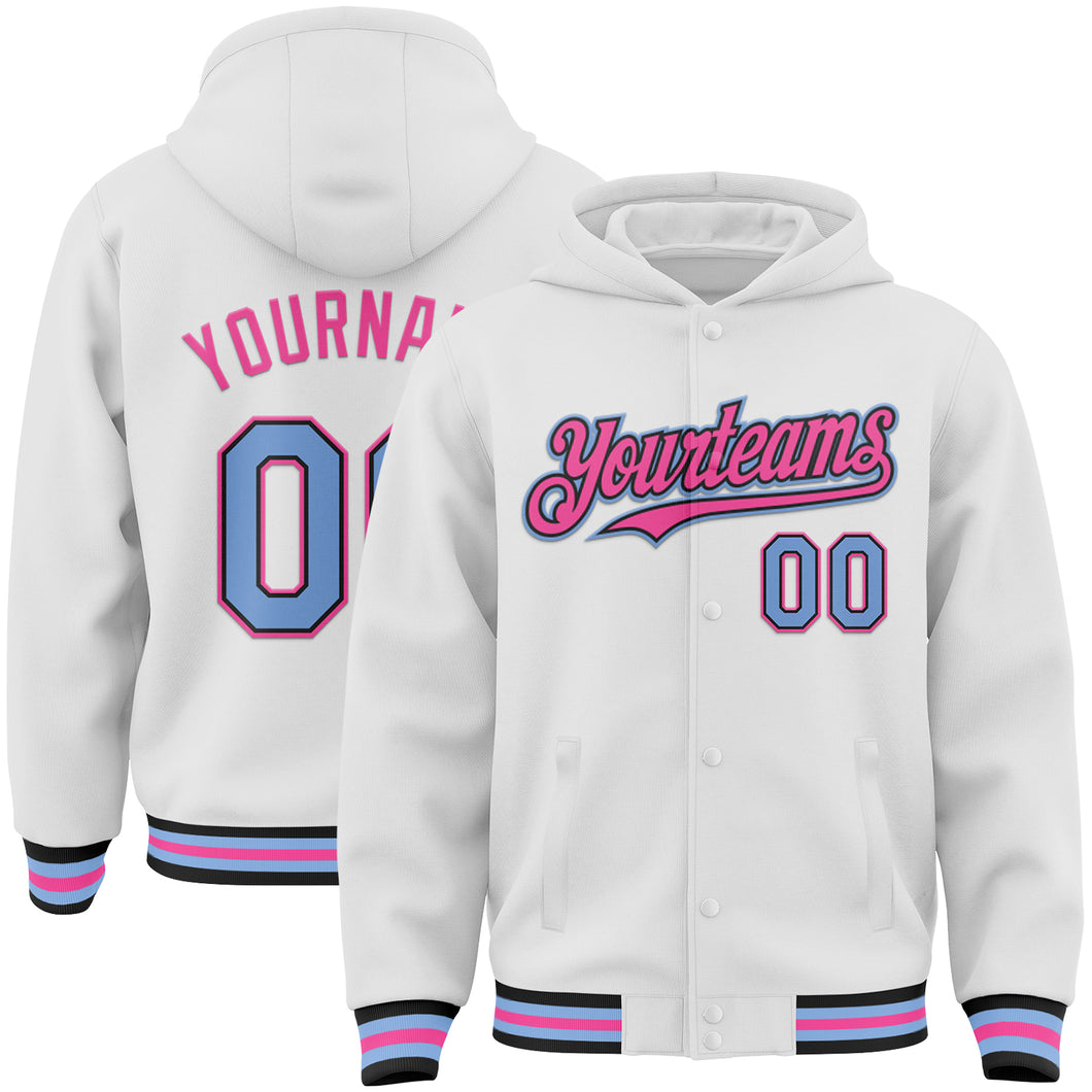 Custom White Light Blue Black-Pink Bomber Full-Snap Varsity Letterman Hoodie Jacket