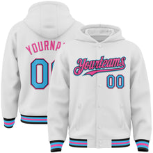 Загрузить изображение в средство просмотра галереи, Custom White Sky Blue Black-Pink Bomber Full-Snap Varsity Letterman Hoodie Jacket
