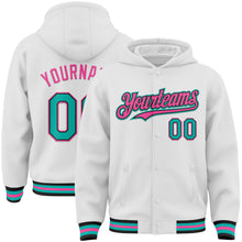 Загрузить изображение в средство просмотра галереи, Custom White Aqua Black-Pink Bomber Full-Snap Varsity Letterman Hoodie Jacket
