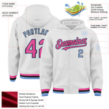 Load image into Gallery viewer, Custom White Pink Light Blue-Black Bomber Full-Snap Varsity Letterman Hoodie Jacket
