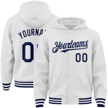 Загрузить изображение в средство просмотра галереи, Custom White Navy Bomber Full-Snap Varsity Letterman Hoodie Jacket
