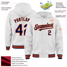 Load image into Gallery viewer, Custom White Navy-Orange Bomber Full-Snap Varsity Letterman Hoodie Jacket
