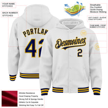 Load image into Gallery viewer, Custom White Navy-Gold Bomber Full-Snap Varsity Letterman Hoodie Jacket
