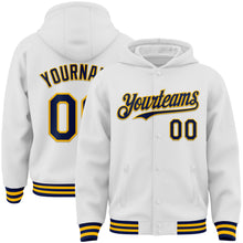 Load image into Gallery viewer, Custom White Navy-Gold Bomber Full-Snap Varsity Letterman Hoodie Jacket
