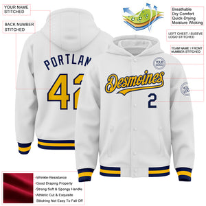 Custom White Gold-Navy Bomber Full-Snap Varsity Letterman Hoodie Jacket