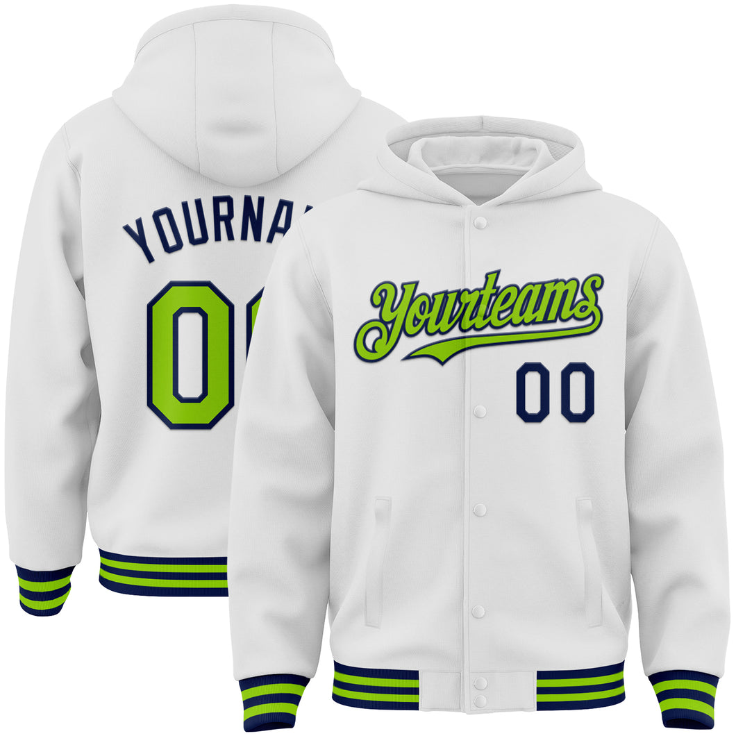 Custom White Neon Green-Navy Bomber Full-Snap Varsity Letterman Hoodie Jacket