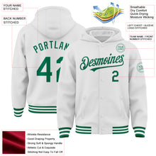 Laden Sie das Bild in den Galerie-Viewer, Custom White Kelly Green Bomber Full-Snap Varsity Letterman Hoodie Jacket
