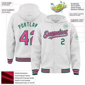 Custom White Pink-Kelly Green Bomber Full-Snap Varsity Letterman Hoodie Jacket