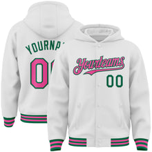 Load image into Gallery viewer, Custom White Pink-Kelly Green Bomber Full-Snap Varsity Letterman Hoodie Jacket
