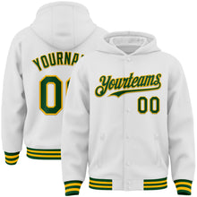 Загрузить изображение в средство просмотра галереи, Custom White Green-Gold Bomber Full-Snap Varsity Letterman Hoodie Jacket
