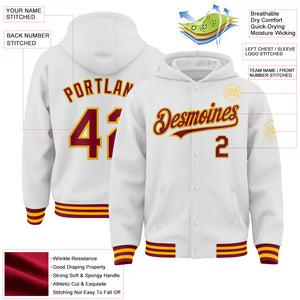 Custom White Crimson-Gold Bomber Full-Snap Varsity Letterman Hoodie Jacket