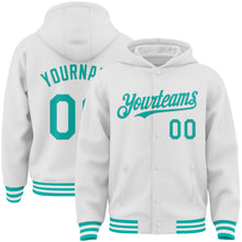 Laden Sie das Bild in den Galerie-Viewer, Custom White Aqua Bomber Full-Snap Varsity Letterman Hoodie Jacket
