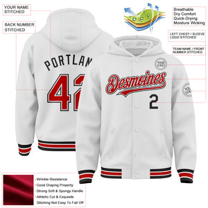 Custom White Red-Black Bomber Full-Snap Varsity Letterman Hoodie Jacket