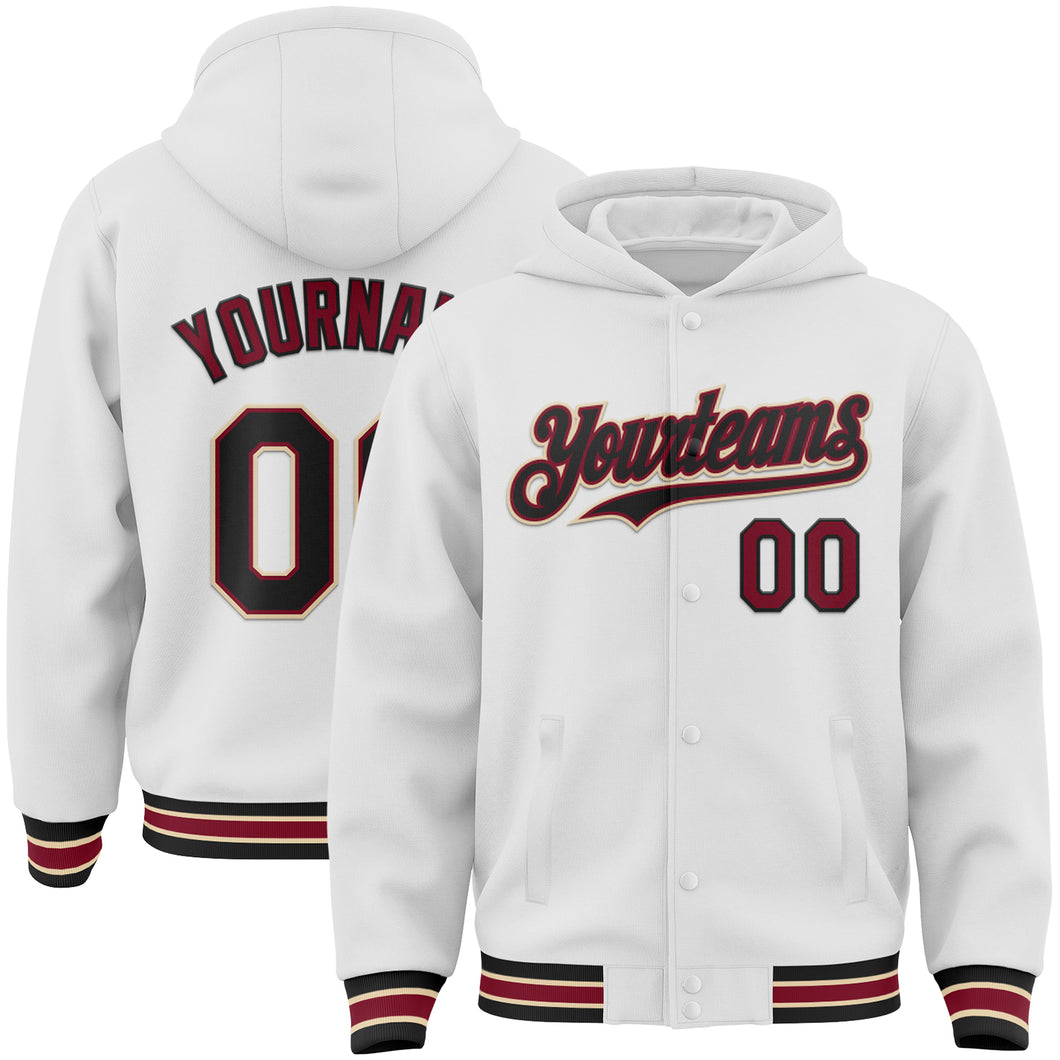 Custom White Black Crimson-City Cream Bomber Full-Snap Varsity Letterman Hoodie Jacket