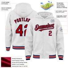 Загрузить изображение в средство просмотра галереи, Custom White Red-Navy Bomber Full-Snap Varsity Letterman Hoodie Jacket
