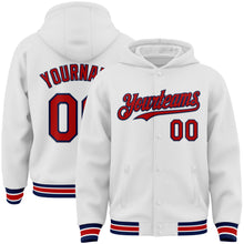 Загрузить изображение в средство просмотра галереи, Custom White Red-Navy Bomber Full-Snap Varsity Letterman Hoodie Jacket
