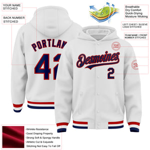 Custom White Navy-Red Bomber Full-Snap Varsity Letterman Hoodie Jacket