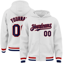 Загрузить изображение в средство просмотра галереи, Custom White Navy-Red Bomber Full-Snap Varsity Letterman Hoodie Jacket
