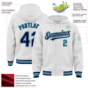 Custom White Navy Gray-Teal Bomber Full-Snap Varsity Letterman Hoodie Jacket