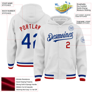 Custom White Royal-Red Bomber Full-Snap Varsity Letterman Hoodie Jacket