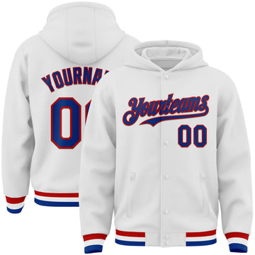 Custom White Royal-Red Bomber Full-Snap Varsity Letterman Hoodie Jacket