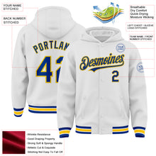 Загрузить изображение в средство просмотра галереи, Custom White Royal-Yellow Bomber Full-Snap Varsity Letterman Hoodie Jacket
