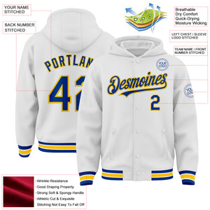 Custom White Royal-Yellow Bomber Full-Snap Varsity Letterman Hoodie Jacket