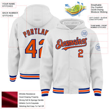 Загрузить изображение в средство просмотра галереи, Custom White Orange-Royal Bomber Full-Snap Varsity Letterman Hoodie Jacket
