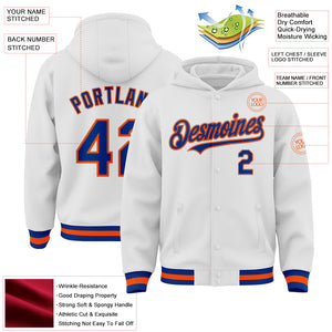 Custom White Royal-Orange Bomber Full-Snap Varsity Letterman Hoodie Jacket