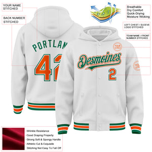 Custom White Orange-Kelly Green Bomber Full-Snap Varsity Letterman Hoodie Jacket