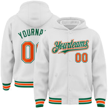 Load image into Gallery viewer, Custom White Orange-Kelly Green Bomber Full-Snap Varsity Letterman Hoodie Jacket
