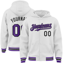 Load image into Gallery viewer, Custom White Purple-Black Bomber Full-Snap Varsity Letterman Hoodie Jacket
