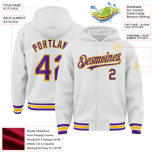 Загрузить изображение в средство просмотра галереи, Custom White Purple-Gold Bomber Full-Snap Varsity Letterman Hoodie Jacket
