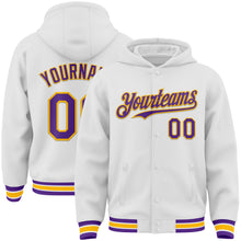 Загрузить изображение в средство просмотра галереи, Custom White Purple-Gold Bomber Full-Snap Varsity Letterman Hoodie Jacket
