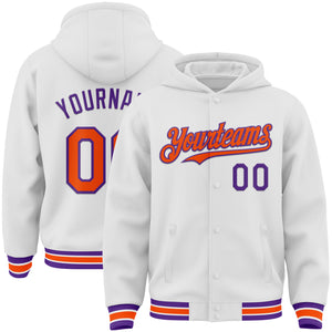 Custom White Orange-Purple Bomber Full-Snap Varsity Letterman Hoodie Jacket