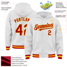 Load image into Gallery viewer, Custom White Red-Gold Bomber Full-Snap Varsity Letterman Hoodie Jacket
