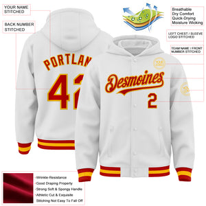 Custom White Red-Gold Bomber Full-Snap Varsity Letterman Hoodie Jacket