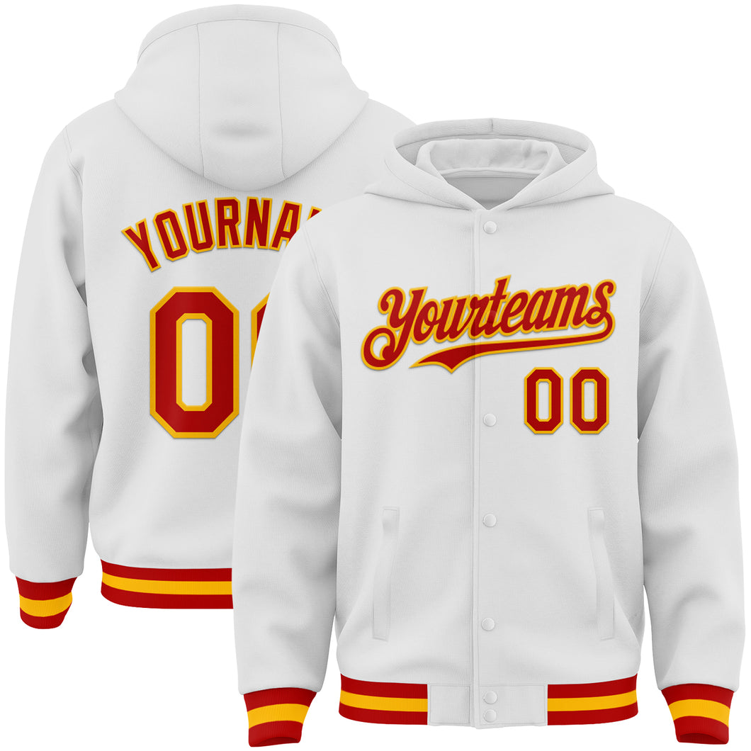 Custom White Red-Gold Bomber Full-Snap Varsity Letterman Hoodie Jacket