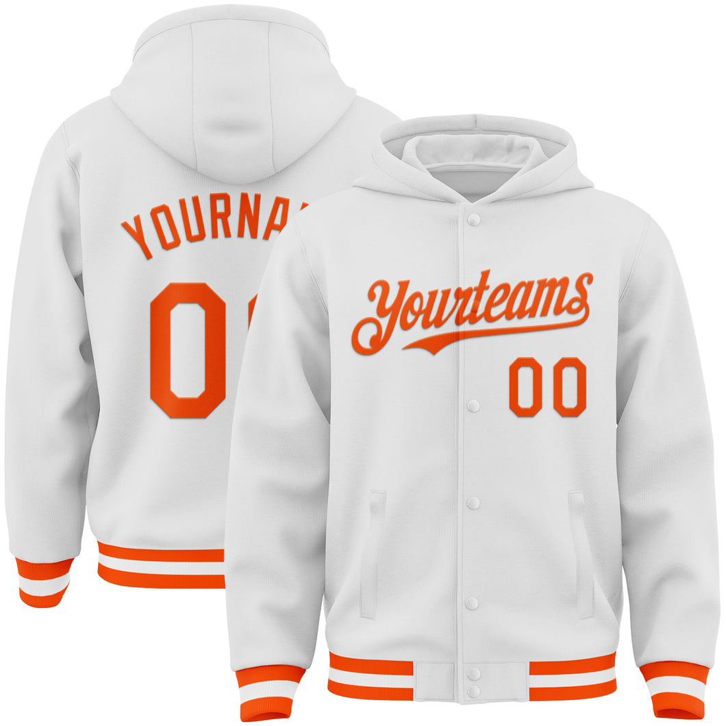 Custom White Orange Bomber Full-Snap Varsity Letterman Hoodie Jacket