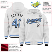 Загрузить изображение в средство просмотра галереи, Custom White Light Blue-Black Bomber Full-Snap Varsity Letterman Hoodie Jacket
