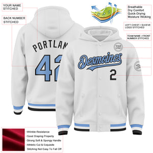 Custom White Light Blue-Black Bomber Full-Snap Varsity Letterman Hoodie Jacket