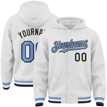 Загрузить изображение в средство просмотра галереи, Custom White Light Blue-Black Bomber Full-Snap Varsity Letterman Hoodie Jacket
